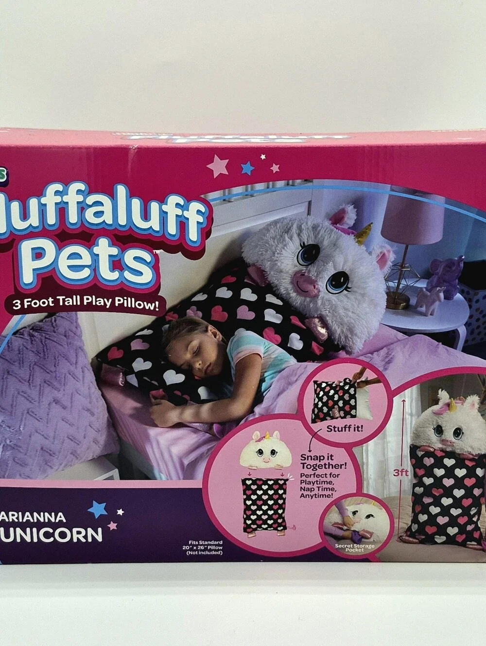 🦄 NEW Happy Nappers Fluffaluff Pets Arianna Unicorn 3ft Play Pillow